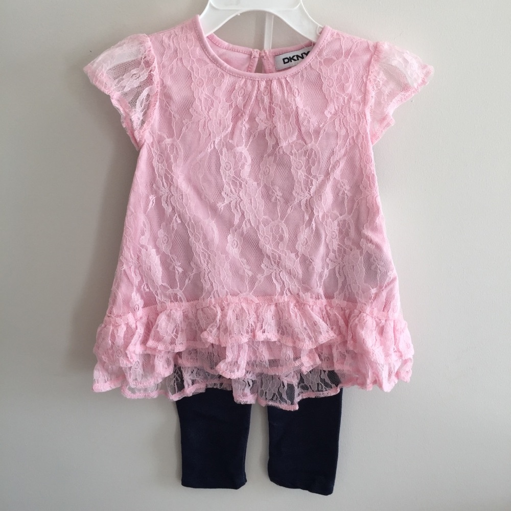 NWT DKNY PINK LACE TOP AND PANTS MATCHING SET 18M
